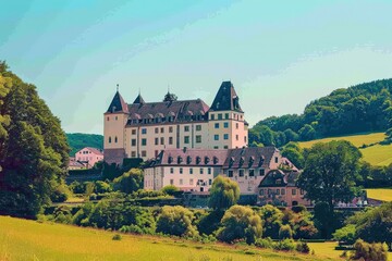 Naklejka premium Hunawihr, France - Grape vines growing at Alsace vineyard during the summer. Beautiful simple AI generated image