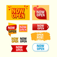 Now open tag, label, badge, sticker with offer message icon vector design. Promotion business marketing symbol, sign, banner template.