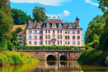 Fototapeta premium Serene Church with Tall Steeple and Stained-Glass Windows Surrounded by Lush Greenery and Blue Sky in a Picturesque Setting. Beautiful simple AI generated image