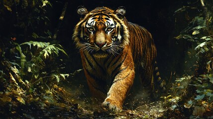 A majestic tiger prowls through a dense jungle environment.