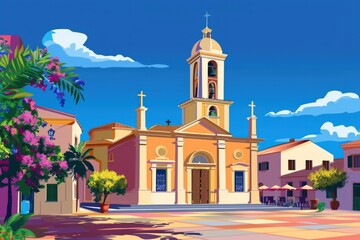 Obraz premium Serene Church with Tall Steeple and Stained-Glass Windows Surrounded by Lush Greenery and Blue Sky in a Picturesque Setting. Beautiful simple AI generated image
