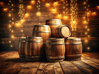 rustic wooden barrels stacked planks autumn colors warm brown tones gold light distressed wood texture cozy atmosphere vintage charm tradition rustic wooden plank floor rustic
