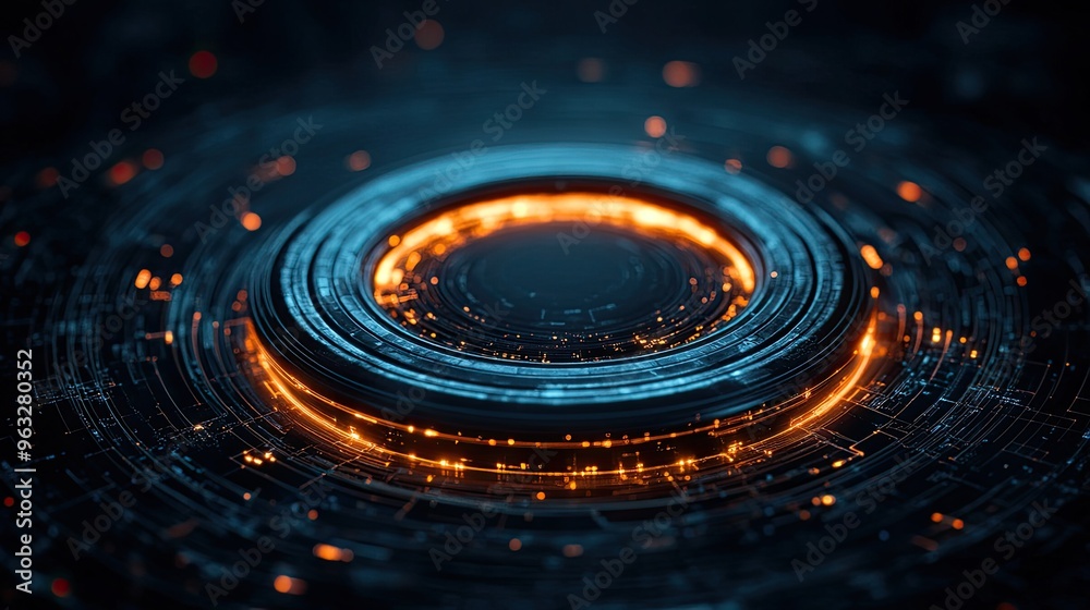 Poster a mesmerizing abstract design featuring glowing circular patterns and digital elements in vibrant or
