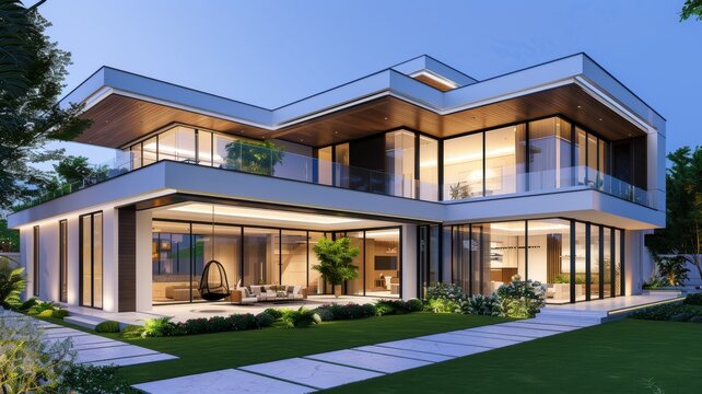 Modern house design with large glass windows and elegant landscaping, showcasing contemporary architecture at dusk.