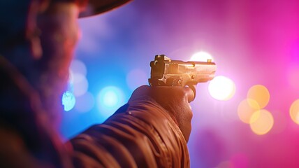 A dramatic scene with a person aiming a gun, illuminated by colorful police lights, creating a tense atmosphere.