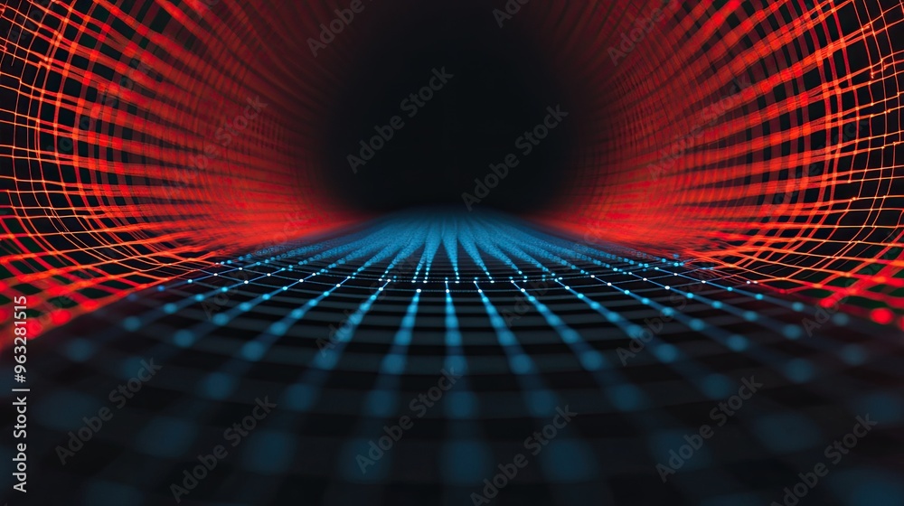 Poster a mesmerizing digital background featuring a vibrant grid pattern in red and blue, creating depth an