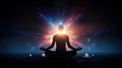 A silhouette meditating with vibrant light and energy emanating, symbolizing harmony, peace, and spiritual awakening.