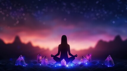 A silhouette performing meditation surrounded by glowing crystals under a starry sky at twilight.