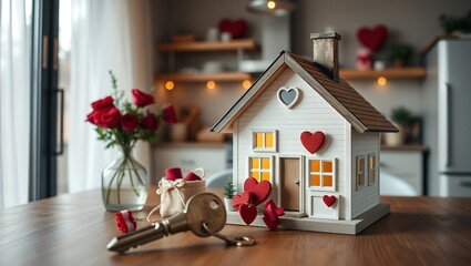 Key to tiny house of cozy home with Valentine decor on table of kitchen. Gift for valentines day, family love nest. design, project, moving to new house, mortgage, rent and purchase real estate 