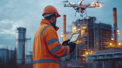 An engineer in a hard hat and reflective jacket operates a drone using a tablet to inspect an industrial construction site, enhancing monitoring and project management.