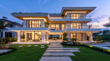 Obraz premium A modern villa illuminated at dusk, featuring elegant architecture, lush landscaping, and a serene outdoor atmosphere.