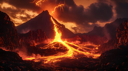 natural disaster earthquake volcano illustration active volcanic eruption night lava flow meltdown mountain red orange ash clouds atmosphere lightning strikes intense landscape