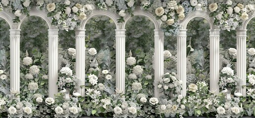White pillars with floral decorations. Perfect for wedding, ceremony, or event backdrop. Classic and elegant design.