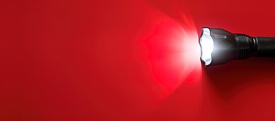 Black flashlight on a red background, shining its bright white beam.  A versatile tool for outdoor adventures and emergency situations.