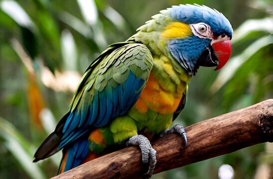Beautiful sight of a beautiful true parrot on a tree branch in a forest