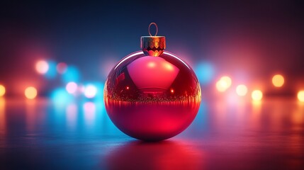 Fototapeta premium A shiny red Christmas ornament reflecting colorful lights in a festive setting.