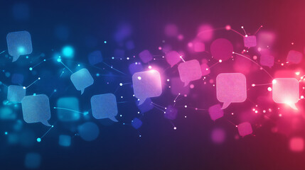 Speech bubbles in abstract form float on a digital network against a backdrop of blue and purple