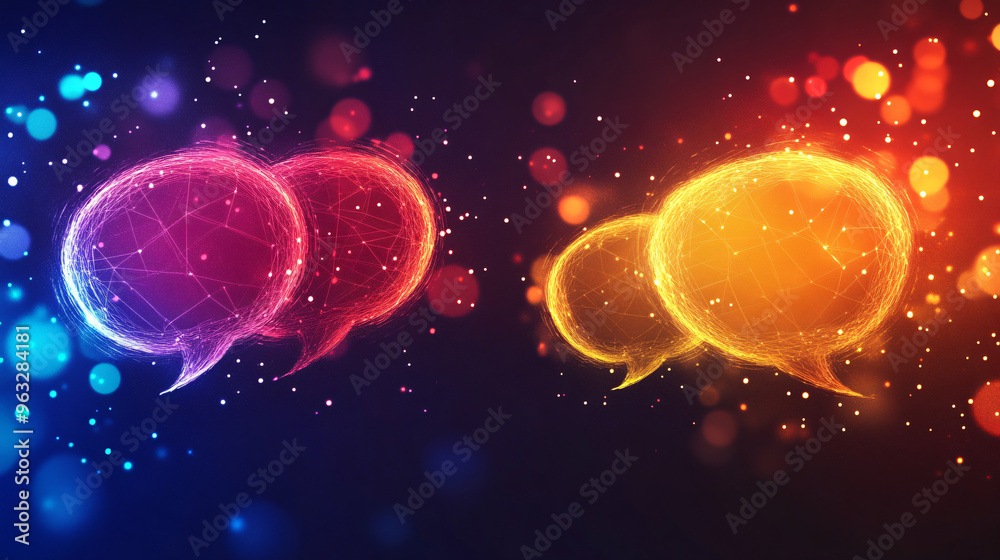 Poster illuminated speech bubbles in cyberspace symbolize worldwide communication and idea sharing
