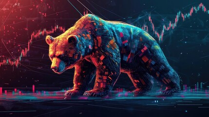 A stylized bear represents a bearish market in vibrant colors, blending finance and wildlife in a digital artwork.