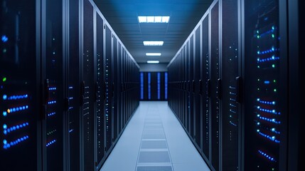 Fototapeta premium A modern data center with rows of servers lit by blue LEDs, showcasing advanced technology and efficient design.