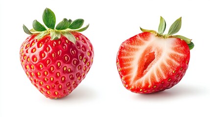 Strawberries isolated. Strawberry whole and a half on white background. Strawberry slice. With clipping path. Full depth of field