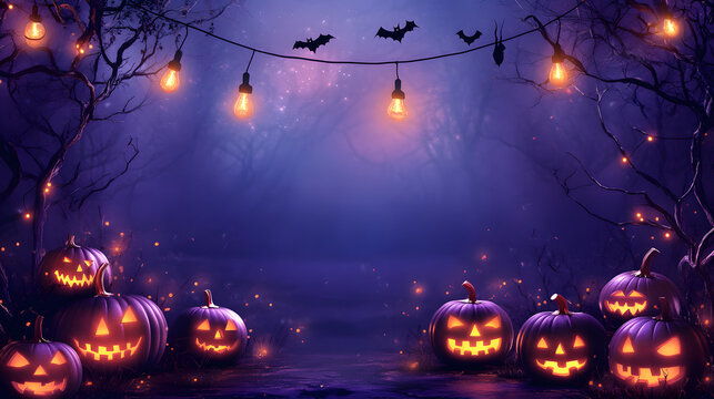 Halloween spooky purple blue jack-o'-lanterns glowing pumpkins light bulbs decoration background bats decorative festive festival celebration fun pumpkin head jack lantern holiday backdrop trick treat