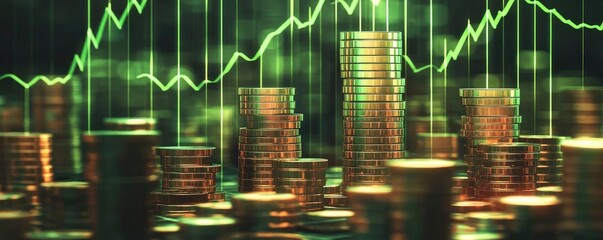 A vibrant representation of financial growth with stacked coins and a green upward trend graph, symbolizing investment success.