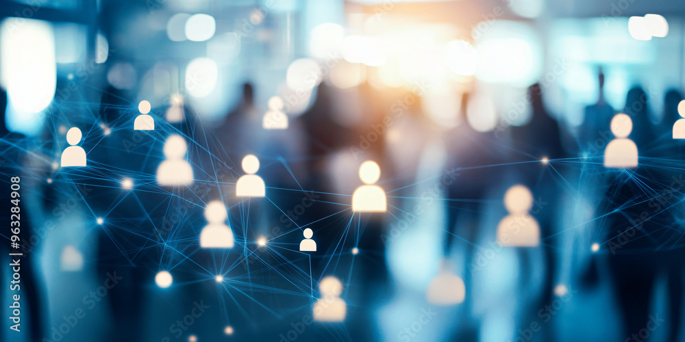 Poster abstract network illustrating people connecting in a busy office building, concept of teamwork and c