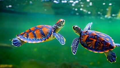 two small sea turtles swimming on green water