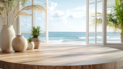 Coastal serenity: elegant wooden table with decor overlooking the ocean view