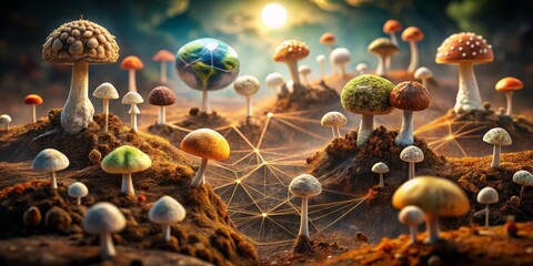 The Global Fungal Network A Conceptual Exploration of Cooperative Systems and Underground Communication with a Style of Ancient Wisdom and a Color Palette of Earthy Ores and Silicates