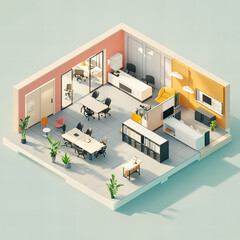 A 3D layout of a modern office space with bright colors, featuring workstations, a meeting area, and a cozy lounge, blending functionality with stylish interior design
