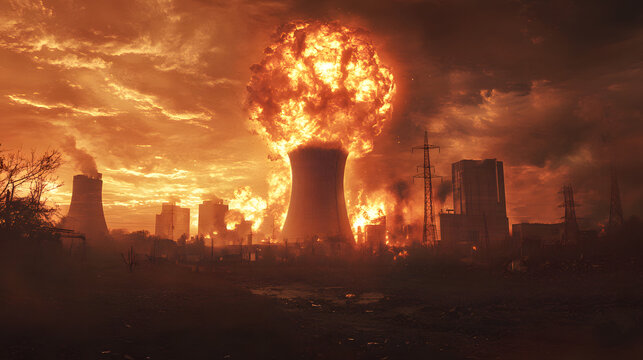nuclear power plant catastrophic meltdown explosion disaster reactors exploding mushroom cloud fire smoke devastated devastation blast flames extreme danger radiation hazard toxic atmosphere radiative