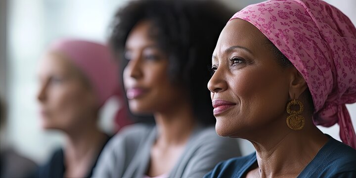 Diverse Women In Pink Headscarves Looking Forward