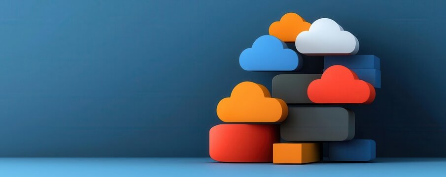 Multi-cloud environment, diverse cloud services, flat design illustration