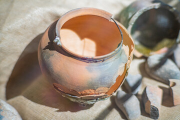 Small broken Clay pots along the roadside antique clay pot