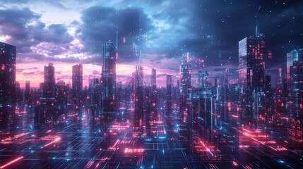 Obraz premium Data-driven abstract city with holographic buildings, surrounded by a dark