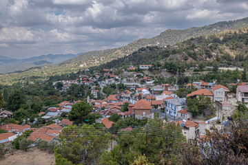 Fototapeta premium View of Phini (Foini), a picturesque, natural beauty, mountainous village in the Troodos Mountains at 920 m ASL, located near by the town of Platres, Limassol district, Cyprus 