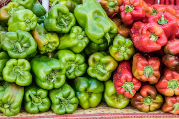sweet, bell, green and red pepper at the farmers market