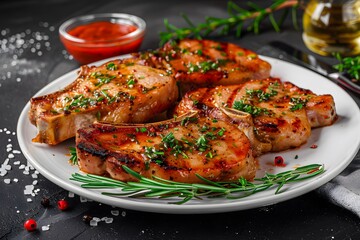 Grilled pork chops garnished with herbs on a white plate.