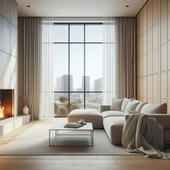 A sleek, minimalist living room designed with modern aesthetics features a large window offering a stunning cityscape view. The cozy space is accentuated by neutral tones, clean lines, and natural