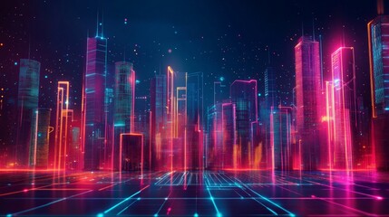Fototapeta premium Futuristic skyline made of neon bars and glowing data points,