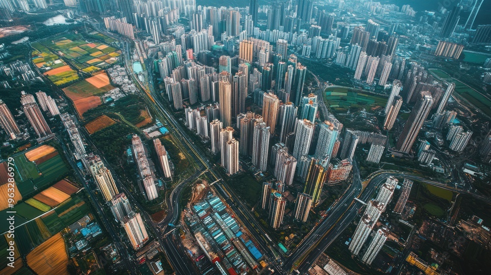 Poster aerial view of a densely populated city with intersecting roads and farmland