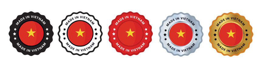 Made in vietnam set of sign stamp badge, with varian color red, silver, gold, black suitable for products manufactured, military, agriculture or food vector illustration eps editable text