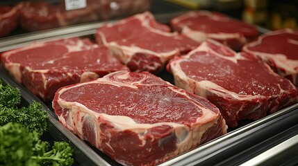Fototapeta premium USDA Choice Beef Rib Eye Steaks for sale at a supermarket