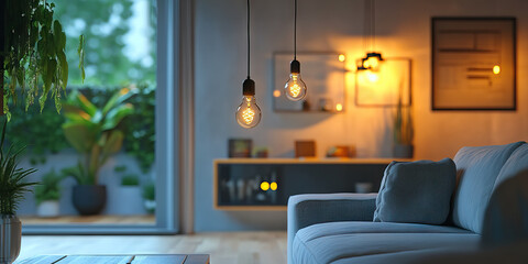 Energy Efficient Home: A modern living room with energy-saving light bulbs and smart power strips.