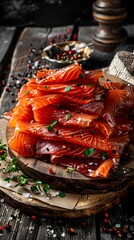 Freshly sliced salmon with herbs and spices on a rustic wooden board.