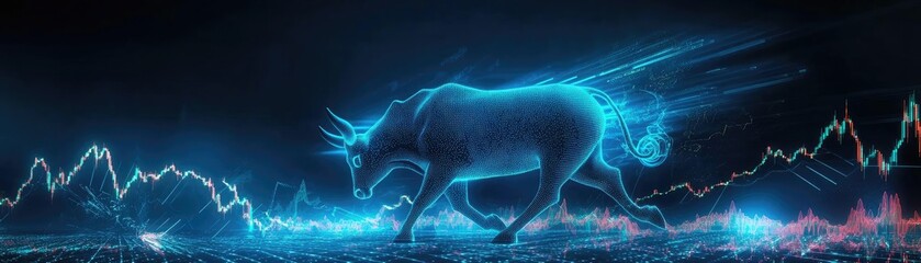 A glowing blue unicorn walking through a digital landscape with vibrant markets and waves of data illustrating progress and magic.