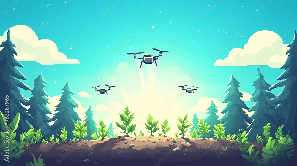 Poster Drone reforesting a hillside with automated planting system in action seedlings growing on the ground with sunlight beaming through the trees Flat design Vector look Digital art Large space for text