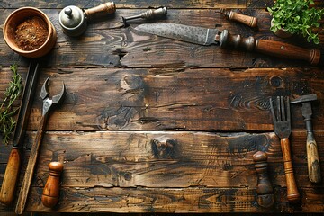 work hammer old vintage equipment wood pliers wooden workshop background